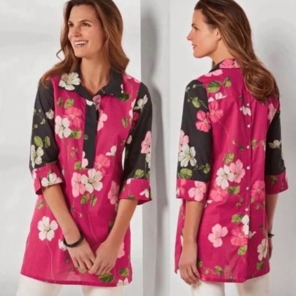 Soft Surroundings Floral Tropical Popover Tunic Top Pink Black Cotton Size Small